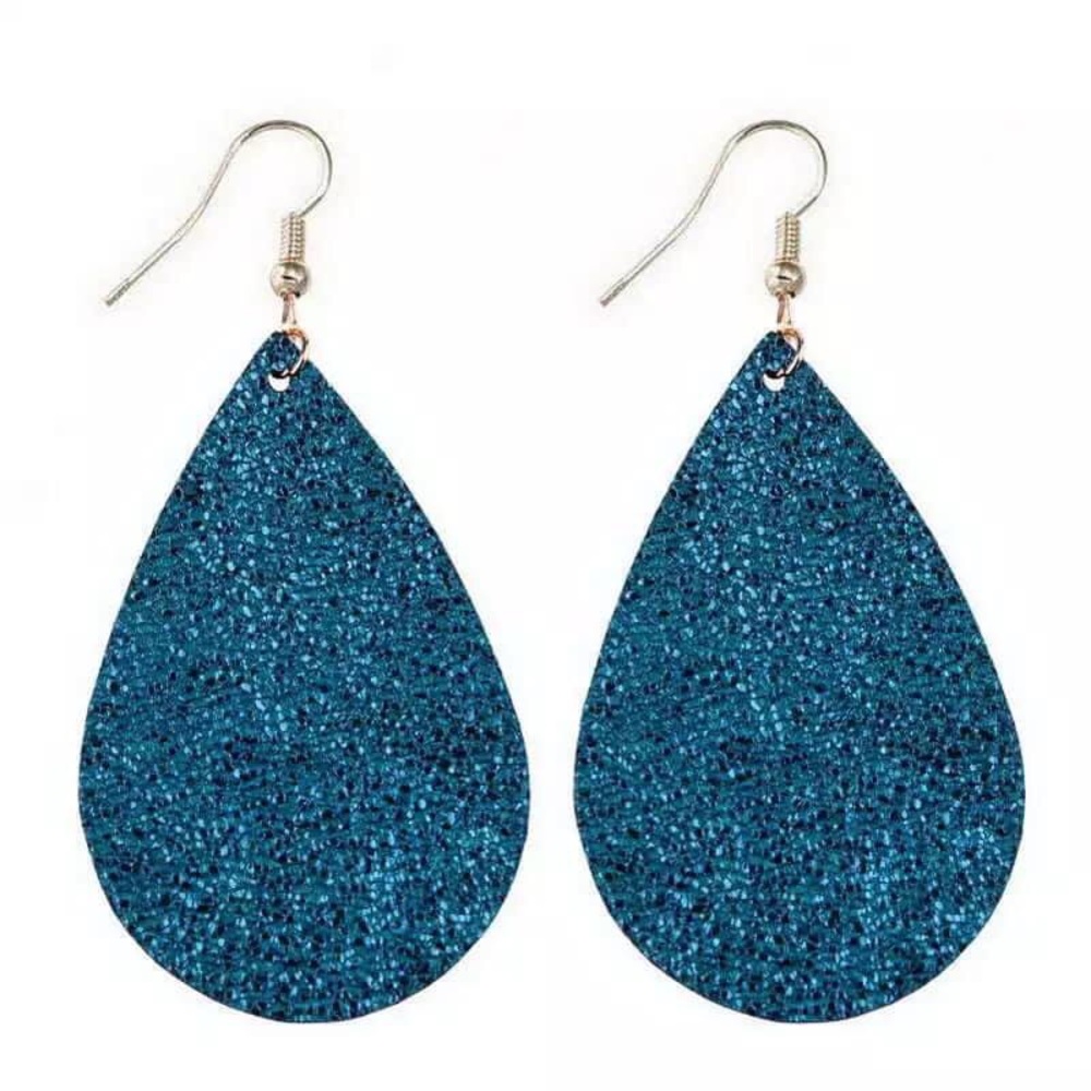 Shiny Blue Tear Drop Earrings with Black Back